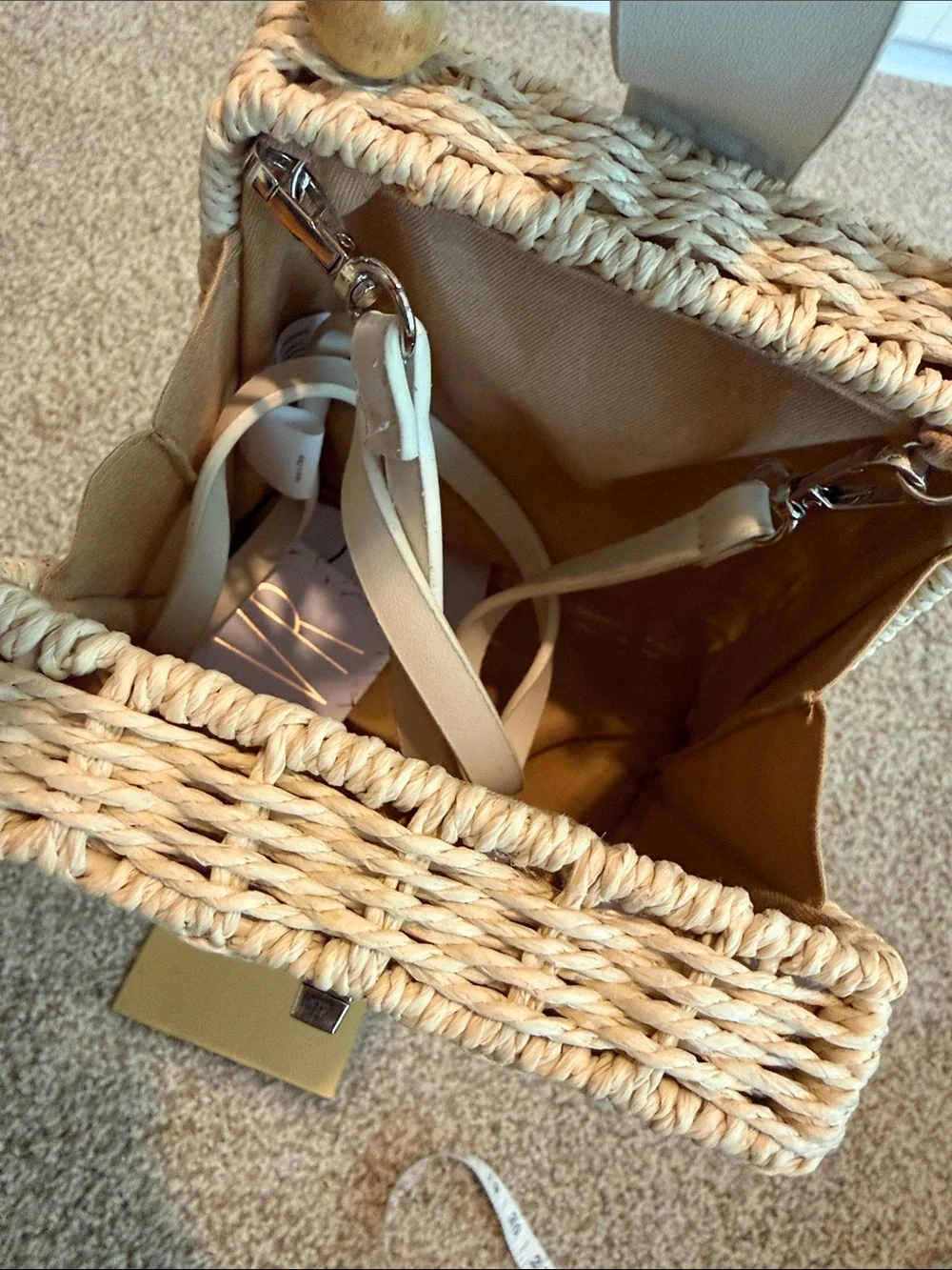Woven Rattan Box Handbag with Beaded Handle – Cream